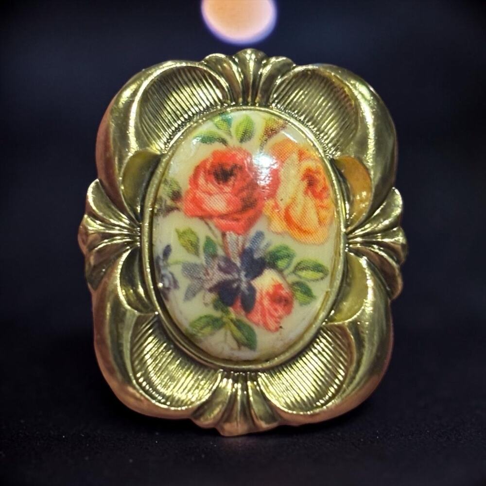 Vintage Germany Floral Brooch Gold Art Nouveau Rose Porcelain Cabochon Pin